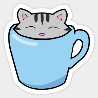 Cute tabby cat in a blue cup Sticker